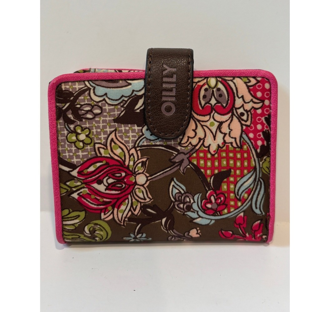 Oilily Floral Paisley Bifold Wallet Brown Pink Multi Color Canvas Snap Closure